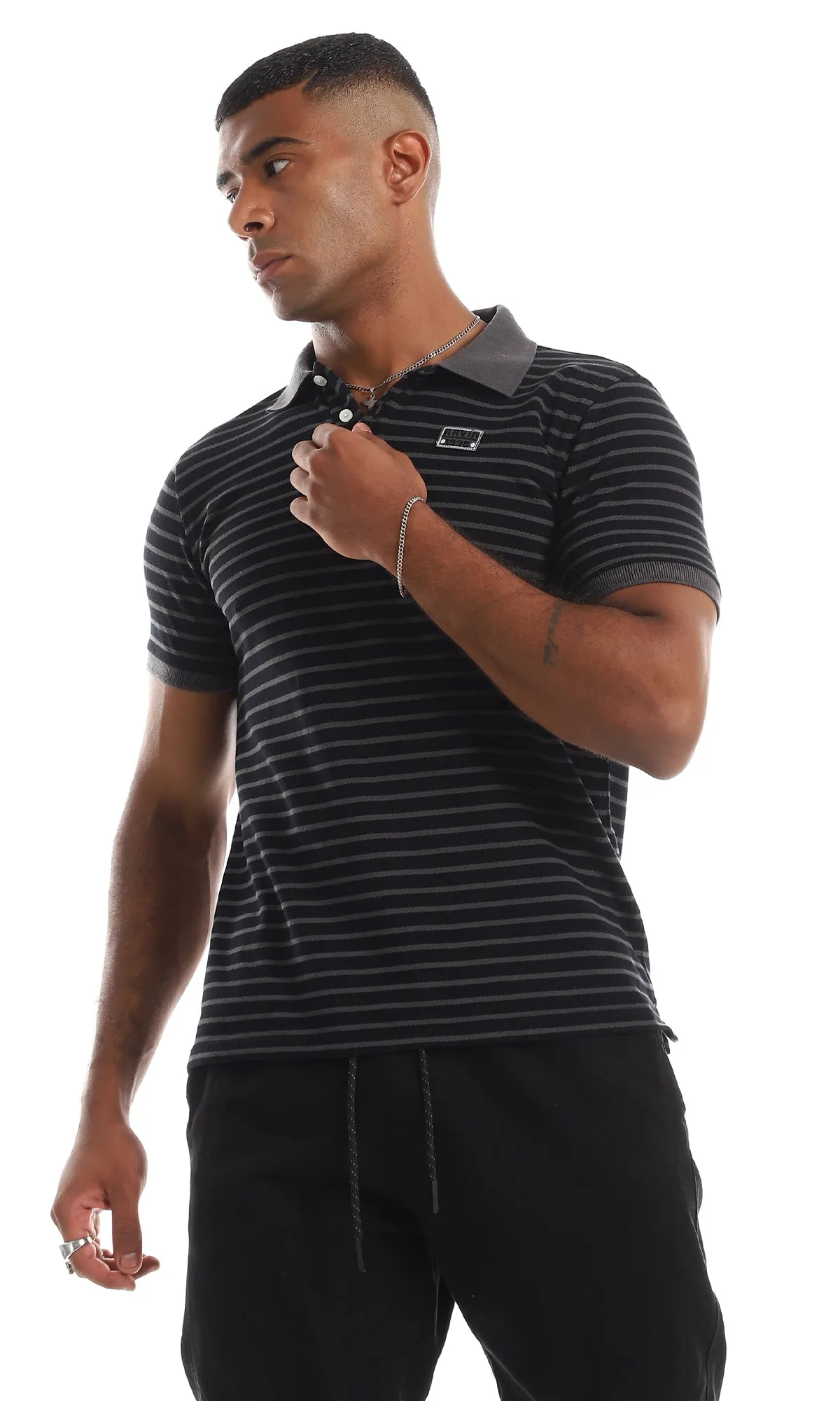 97909 Pique Horizontal Stripe Polo Shirt - Grey & Black