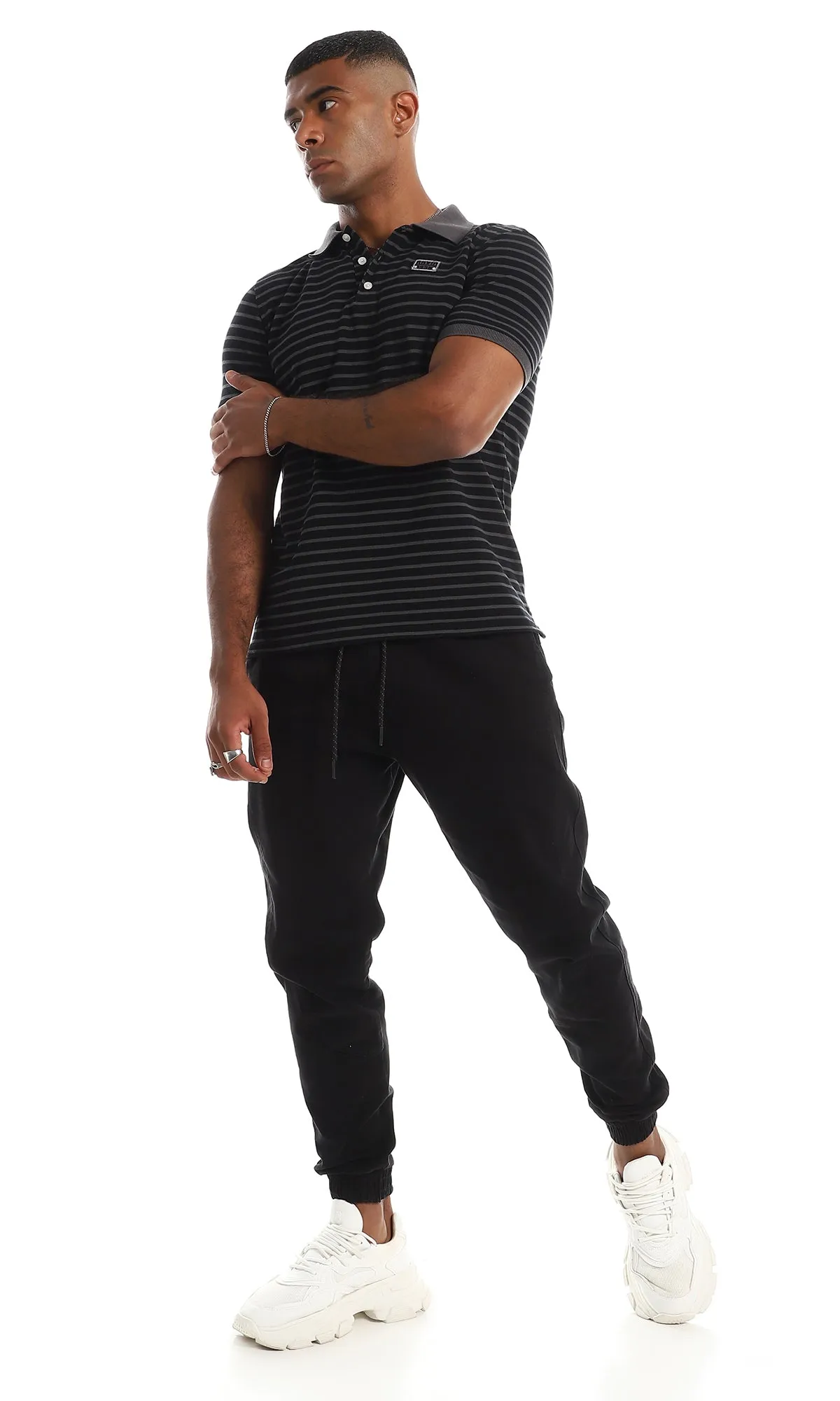 97909 Pique Horizontal Stripe Polo Shirt - Grey & Black