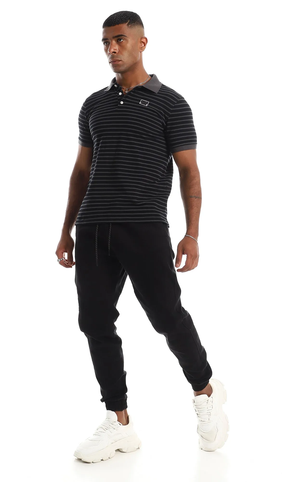 97909 Pique Horizontal Stripe Polo Shirt - Grey & Black