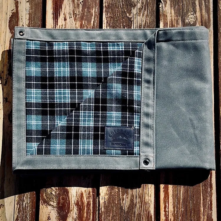 Extra Large 18 oz Charcoal Waxed Canvas and Ancient Clarke Tartan Wool Lined Bushcraft Ground Cloth