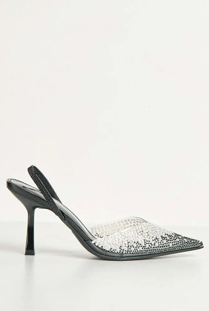 Hali Diamante & Pearl Embellished Perspex Pointy Shoes in Black