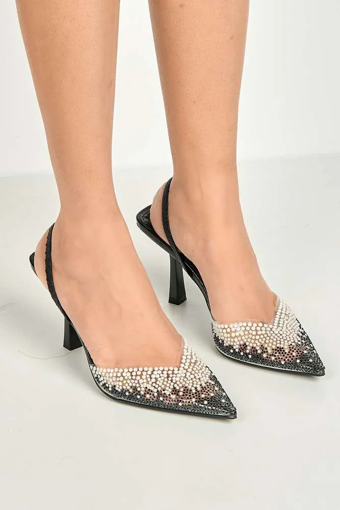 Hali Diamante & Pearl Embellished Perspex Pointy Shoes in Black
