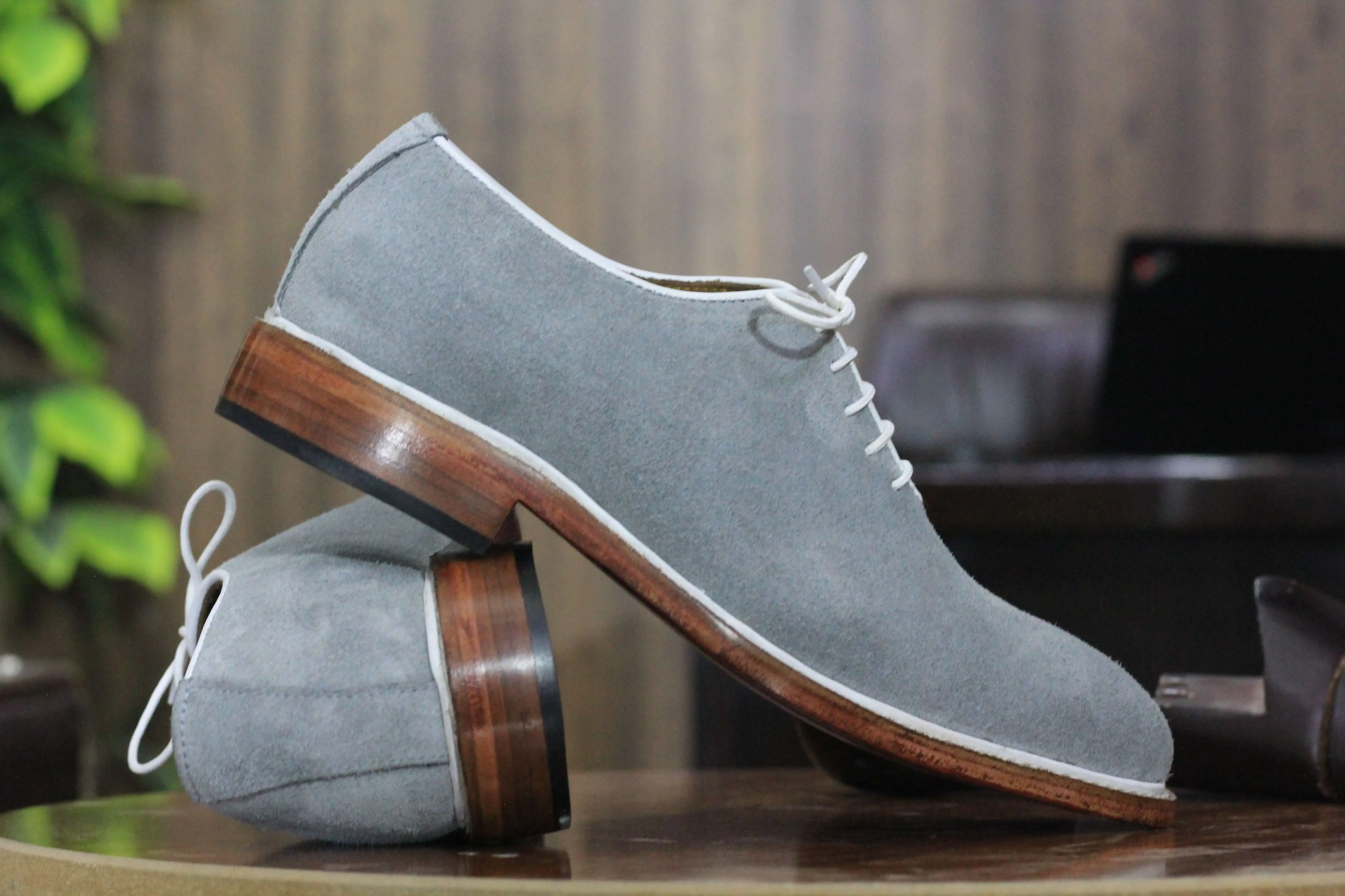 Handmade Grey Suede Lace Up Shoes, Men's Plain Toe Classic Men's Shoes