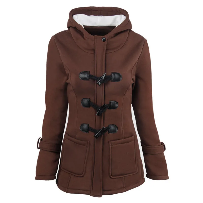 METAVERSMALL explosion autumn and winter hooded blended horn leather buckle medium and long coat jacket cotton clothes women thickened