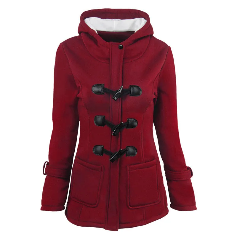 METAVERSMALL explosion autumn and winter hooded blended horn leather buckle medium and long coat jacket cotton clothes women thickened