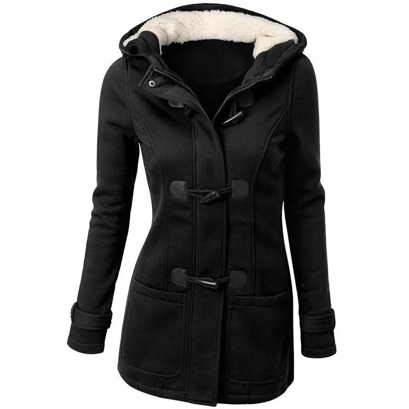 METAVERSMALL explosion autumn and winter hooded blended horn leather buckle medium and long coat jacket cotton clothes women thickened