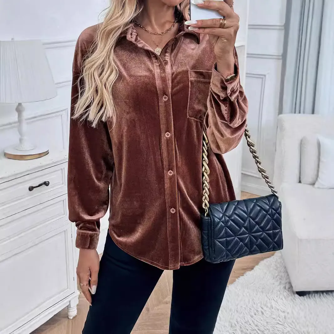 METAVERSMALL foreign trade lapel shirt New autumn and winter new 2025  long-sleeved velvet cardigan women's top