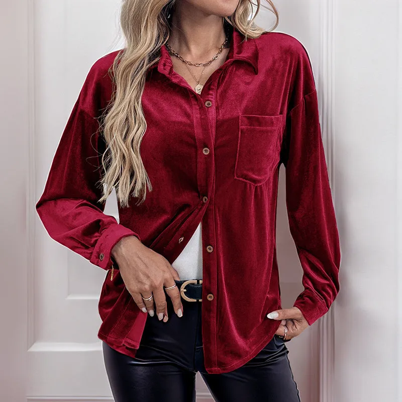 METAVERSMALL foreign trade lapel shirt New autumn and winter new 2025  long-sleeved velvet cardigan women's top
