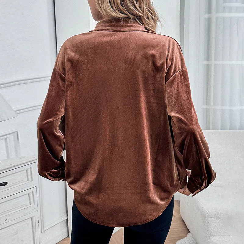 METAVERSMALL foreign trade lapel shirt New autumn and winter new 2025  long-sleeved velvet cardigan women's top