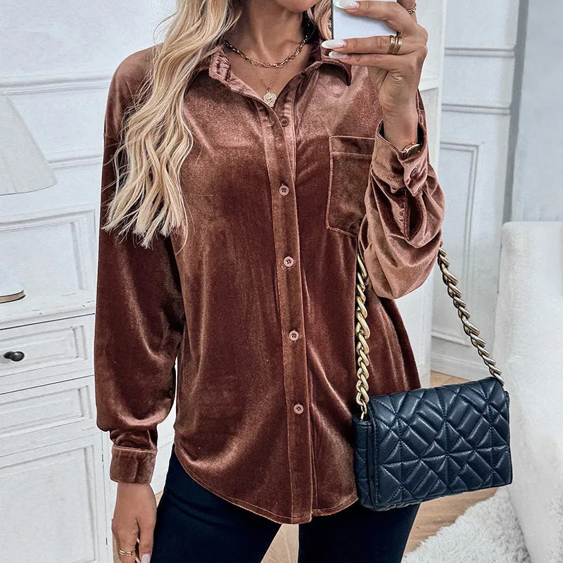 METAVERSMALL foreign trade lapel shirt New autumn and winter new 2025  long-sleeved velvet cardigan women's top