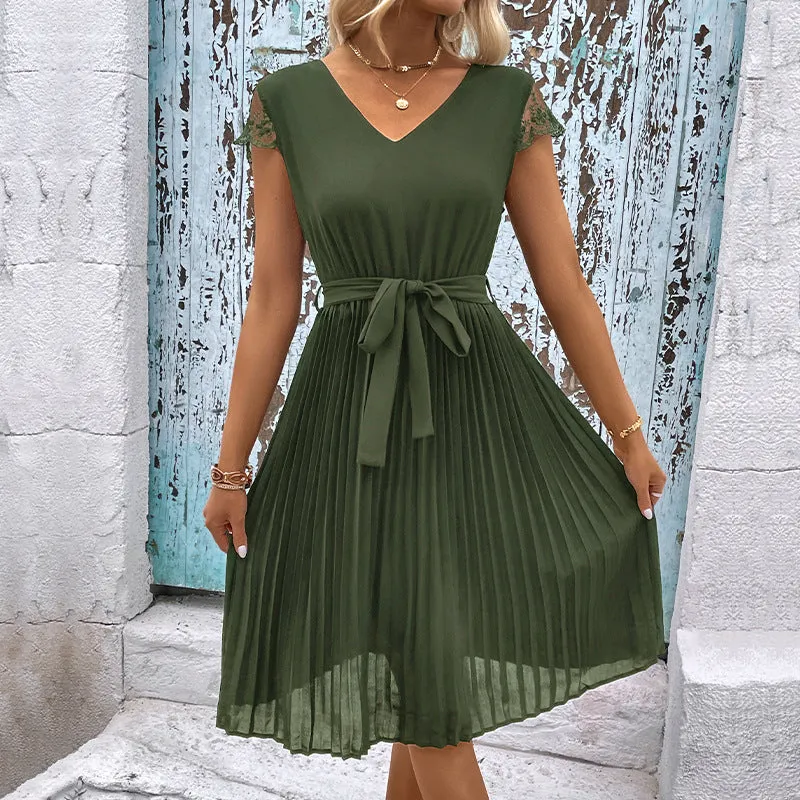 METAVERSMALL foreign trade New summer new 2025  women's clothing lace splicing solid color pleated dress