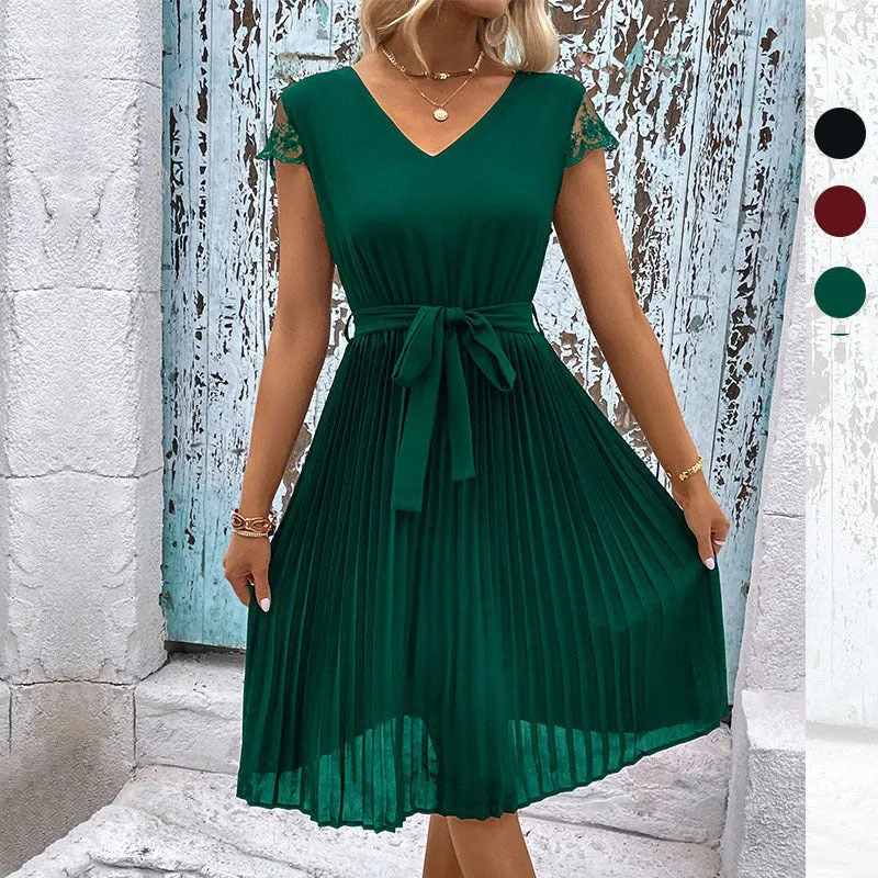 METAVERSMALL foreign trade New summer new 2025  women's clothing lace splicing solid color pleated dress