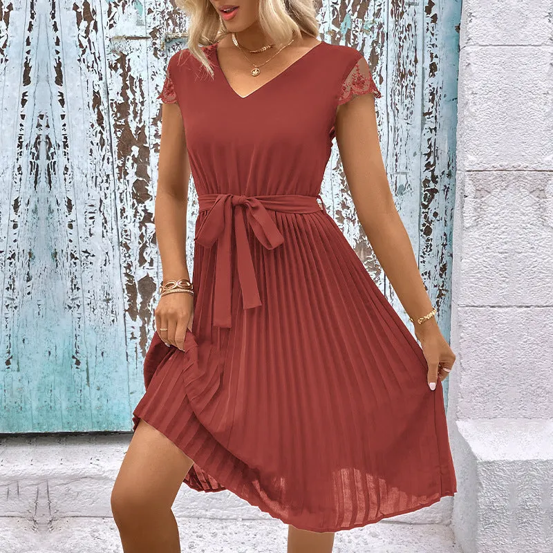 METAVERSMALL foreign trade New summer new 2025  women's clothing lace splicing solid color pleated dress