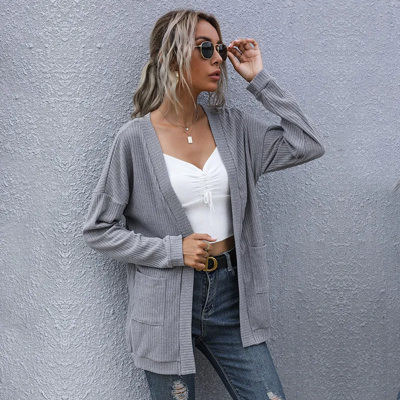 PEOPLETERRITORY New  New  Autumn and Winter  Casual Women's Clothing Basic Long Sleeve Solid Color Sweater Cardigan