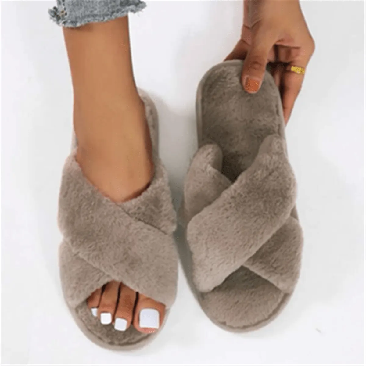 Womens Luxurious Fuzzy Slippers - Soft Cross Strap, Flat Sole, Open Toe - Solid Colors, Warm & Ultra-Comfortable - Perfect Indoor Cozy Shoes for Lounging