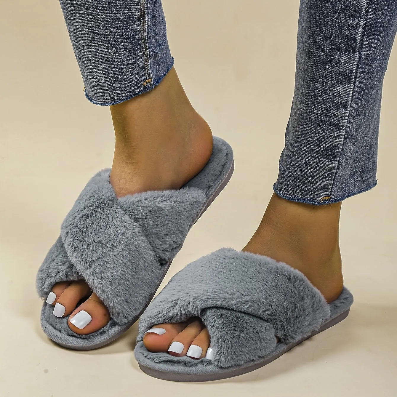 Womens Luxurious Fuzzy Slippers - Soft Cross Strap, Flat Sole, Open Toe - Solid Colors, Warm & Ultra-Comfortable - Perfect Indoor Cozy Shoes for Lounging